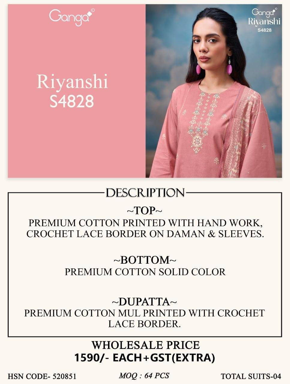 RIYANSHI 4828 By GANGA 4828 A TO 4828 D Beautiful Festive Suits Stylish Colorful Fancy Casual Wear & Ethnic Wear PREMIUM COTTON Dresses At Wholesale Price